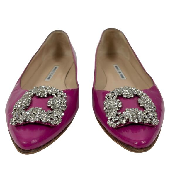 Manolo Blahnik Pink Hangisi Pointed Toe Patent Leather Flats Size 38 - Picture 5 of 16